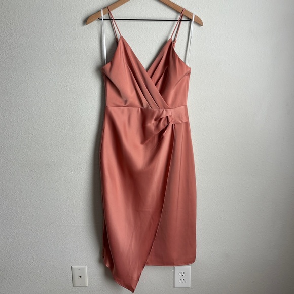 Lulus Quite Likely Rose Pink Satin Asymmetrical Midi Dress Size Small - Picture 2 of 10